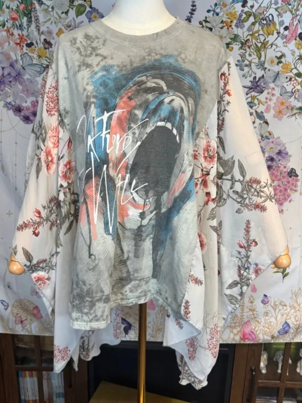Pink Floyd The Wall Upcycled Graphic T-Shirt with Flowy Floral Sleeves - OSFM